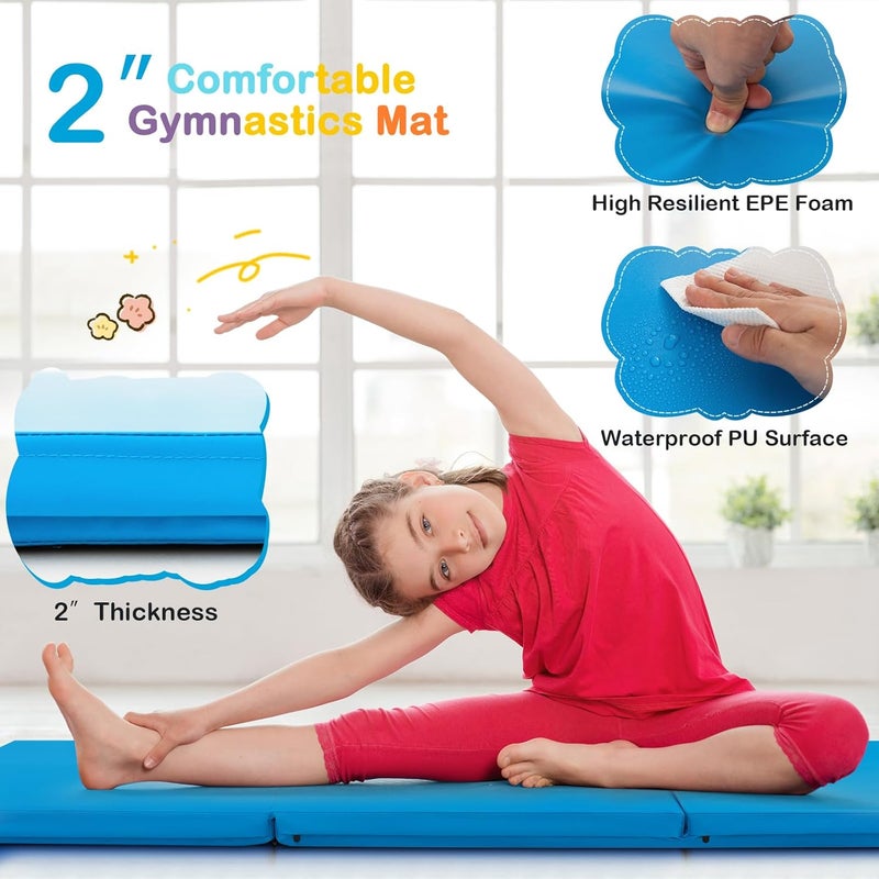 GYMAX Folding Gymnastics Mat, 6 FT x 2 FT x 2 Inches Exercise Mat w/Carrying Handles, Waterproof PU Leather, Hook & Loop Fasteners, Portable Tumbling Mat for Yoga Home Gym - Image 3